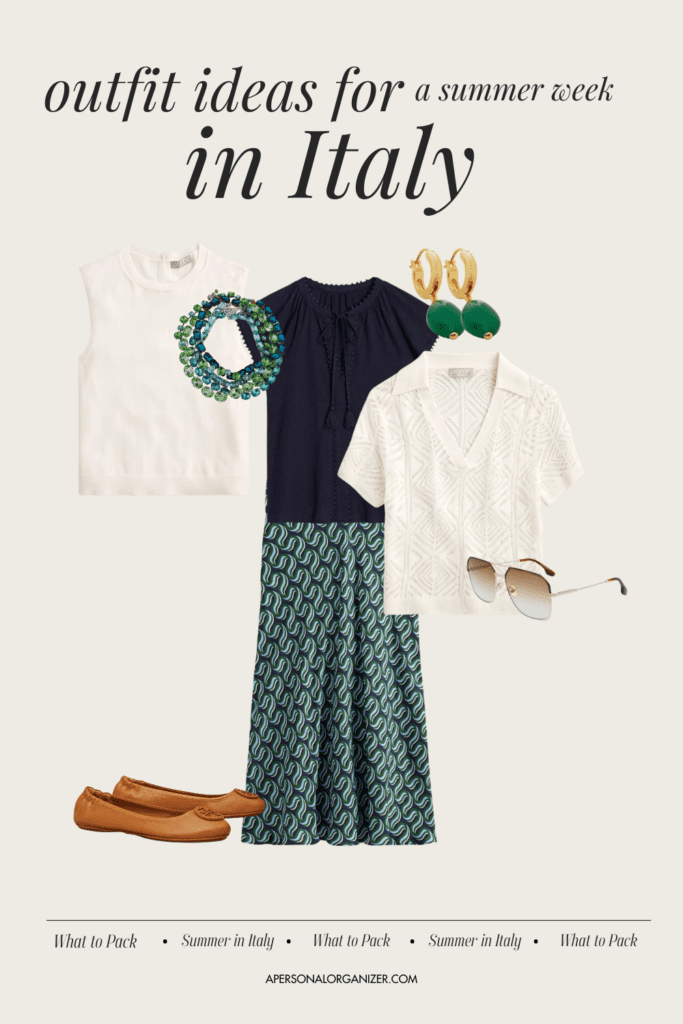 Explore our collage on how to prepare and what to pack for a summer week in Rome. It features chic outfit ideas, like a white sleeveless top, navy blouse, patterned pants, brown loafers, stylish sunglasses, beaded bracelets, and green earrings—all set against a beige background.