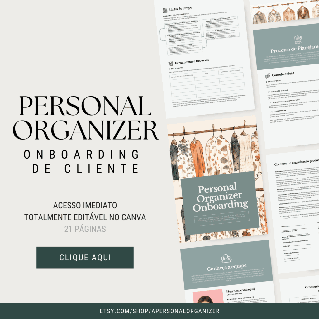 Image promoting a "Personal Organizer Onboarding" editable Canva template in Portuguese. Perfect for any organizing printables shop, it shows sample pages, a hanging clothes image, and a green "CLIQUE AQUI" button for instant access.