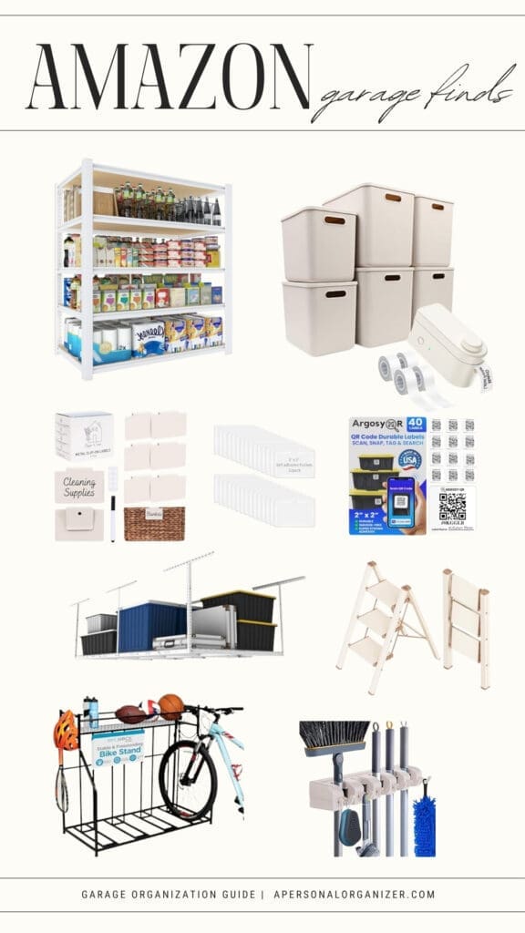 A collage of garage organization products—shelves, storage bins, drawer organizers, wall-mounted racks, bike stand, and more. Text reads "Amazon garage finds" featuring top Amazon organizing picks for effortless garage transformation.