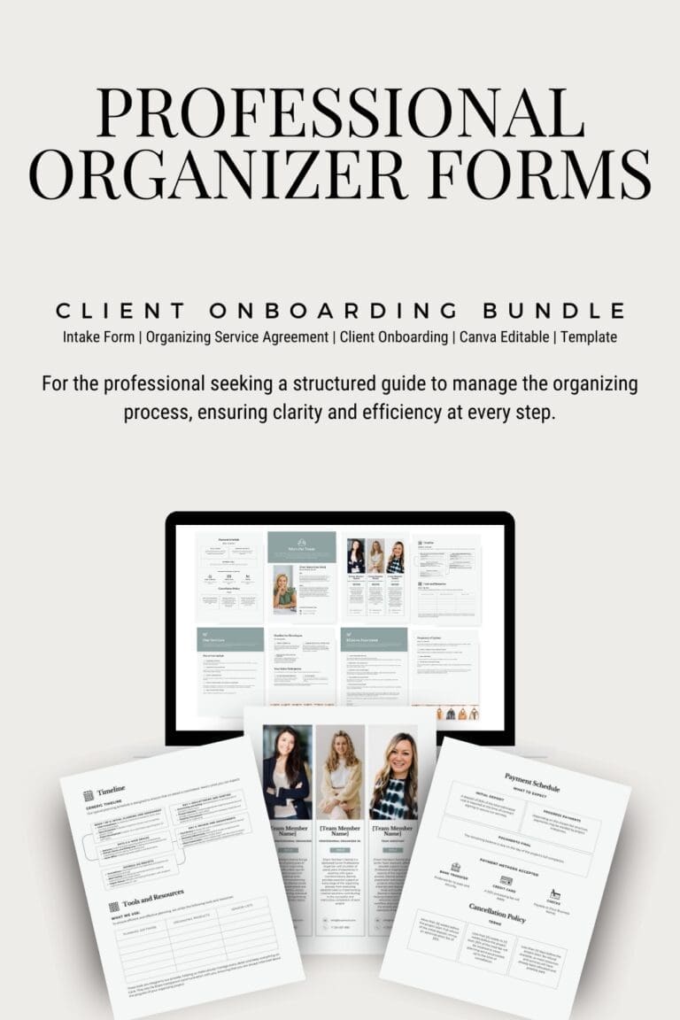 A promotional image for "Professional Organizer Forms: Client Onboarding Bundle," from an organizing printables shop, featuring a computer screen and printed forms with templates, photos, and text samples for organizing services.