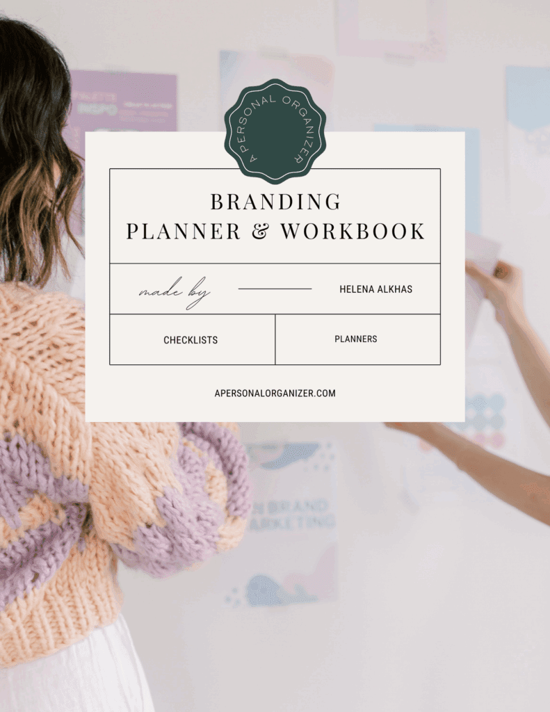 Two people stand by a wall, arranging pastel-colored papers. A large overlay shows a planner cover reading "Branding Planner & Workbook" by Helena Alkhas, featuring checklists, planners, and a link to her organizing printables shop.